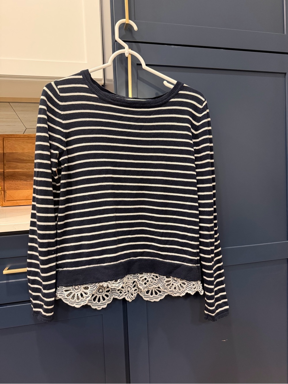 Striped Navy and White Lace-Hem Women's Top